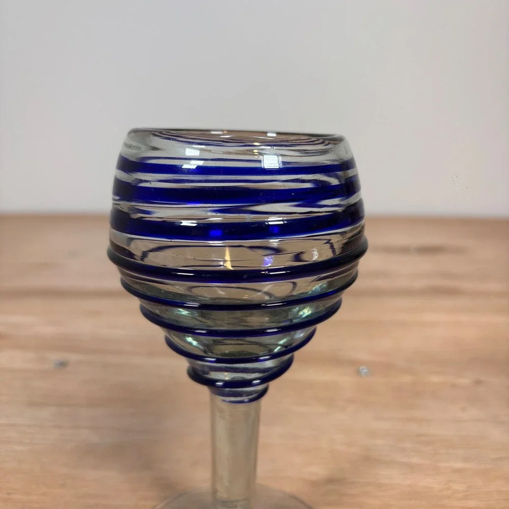 Hand Blown Cobalt Blue Spiral Wrap Cordial Glass Clear Stem Art Glass Barware
